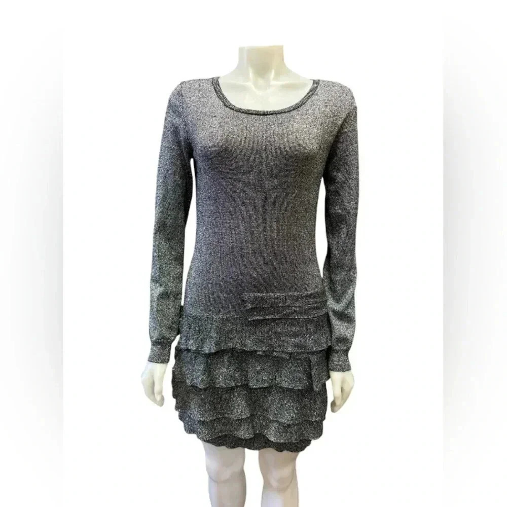 BCBG Mini Ruffled Long Sleeve Metallic Dress Size Medium